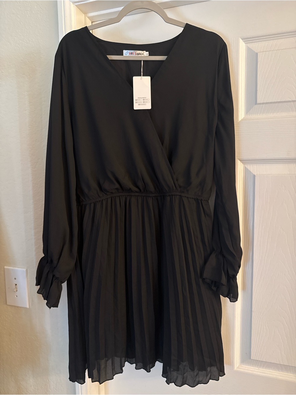 Lush Black Long Sleeve Pleated Wrap-Style Dress